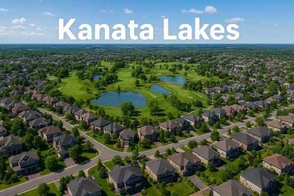 Aerial view of Kanata Lakes in Ottawa featuring luxury homes, golf course, green spaces, and scenic walking trails on a sunny day.
