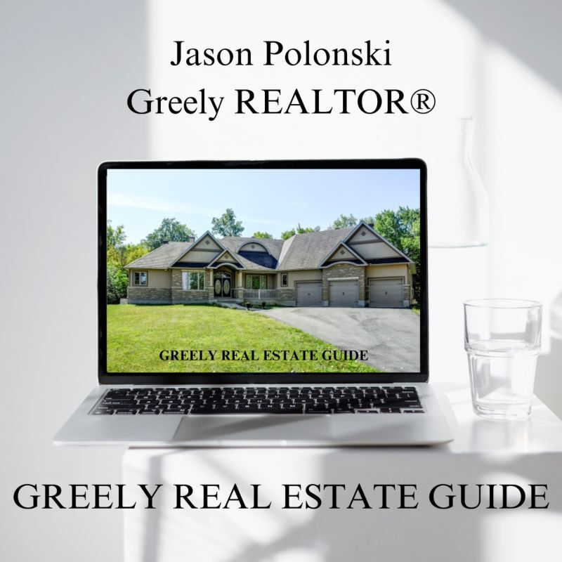 Greely Realtor, Greely Real Estate Guide, Jason Polonski. Computer screen with a photo of a bungalow house with a green field from Greely Real Estate Guide created by Greely Real Estate agent.