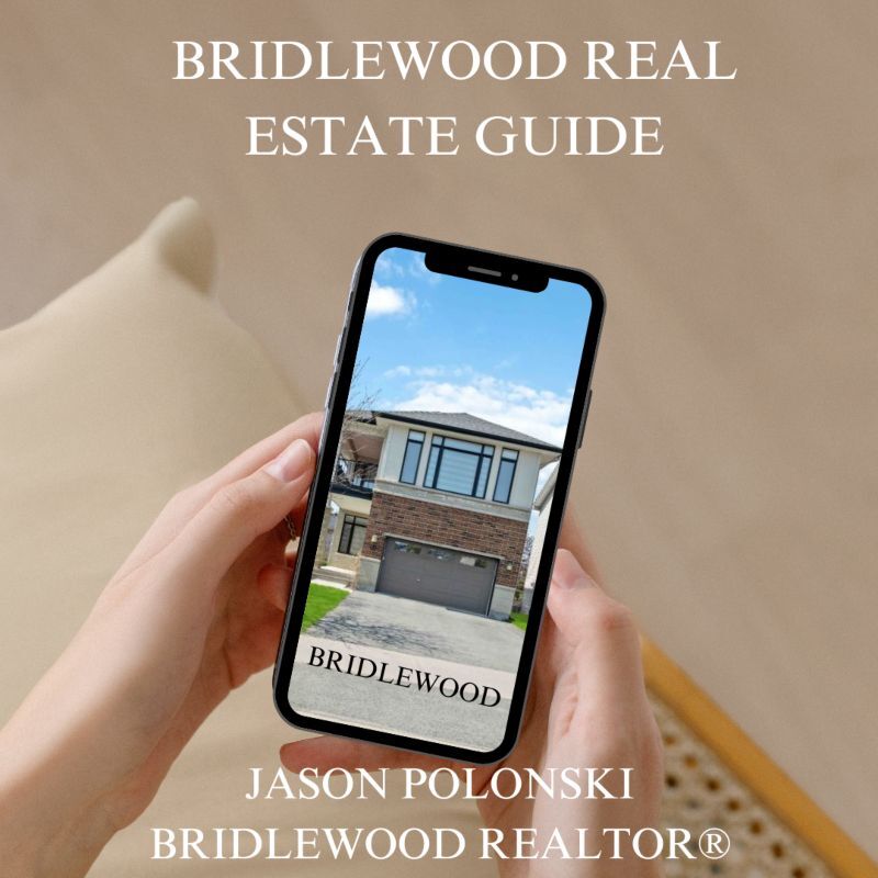 Bridlewood Realtor, Bridlewood Real Estate Guide, Jason Polonski. Woman holding smartphone with a photo of a 2-story house from Bridlewood Real Estate Guide created by Bridlewood Real estate agent.